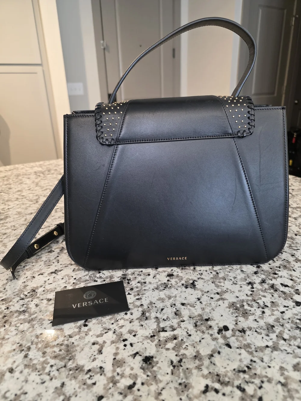Versace Black Leather Satchel with Gold V Leaf Emblem